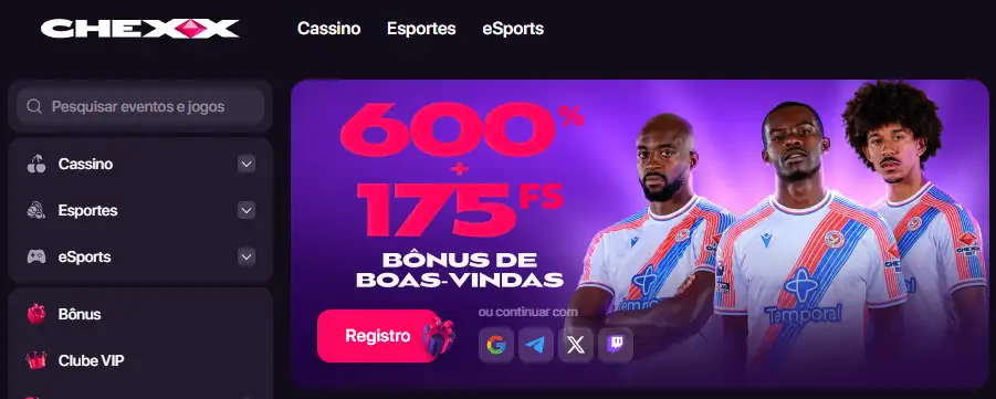 Área oficial de promoções da CHEXX mostrando a oferta de boas-vindas disponível no momento da publicação