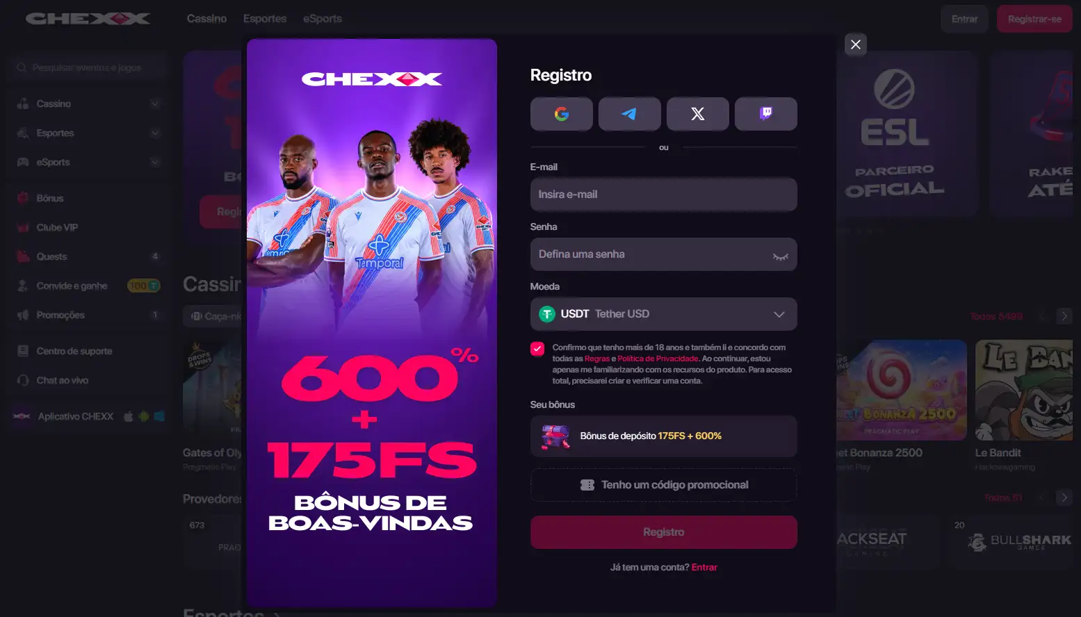 Tela oficial de cadastro CHEXX em português com os campos visíveis no momento
