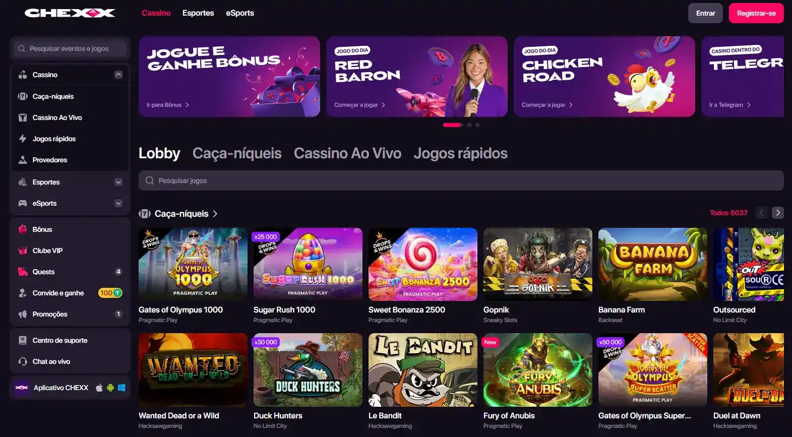 Navegação de cassino da CHEXX com categorias Slots, Live Casino, Fast Games e Providers