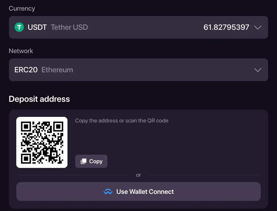 Caixa de depósito CHEXX com seleção de criptoativo e rede