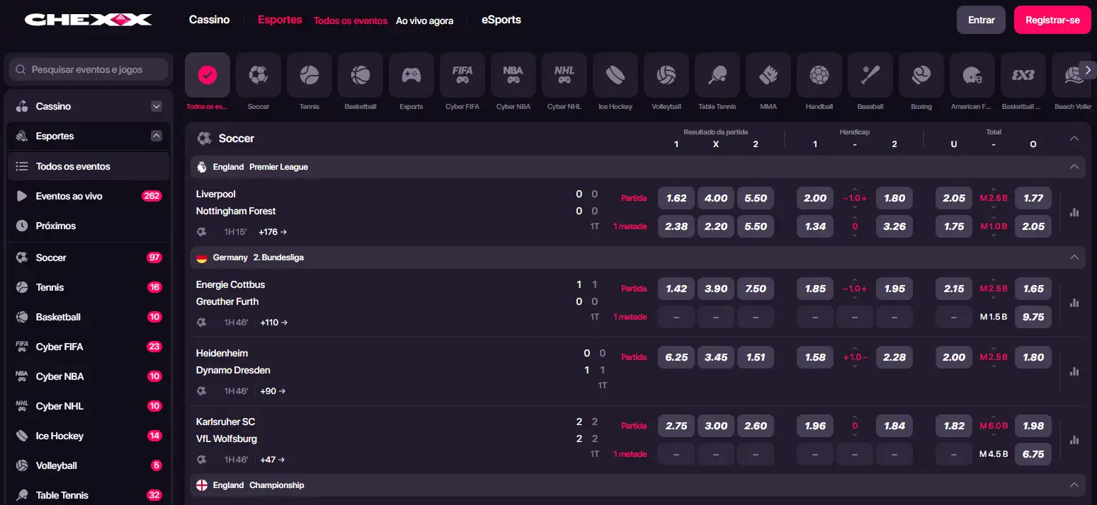 Sportsbook CHEXX com lista de esportes e eventos