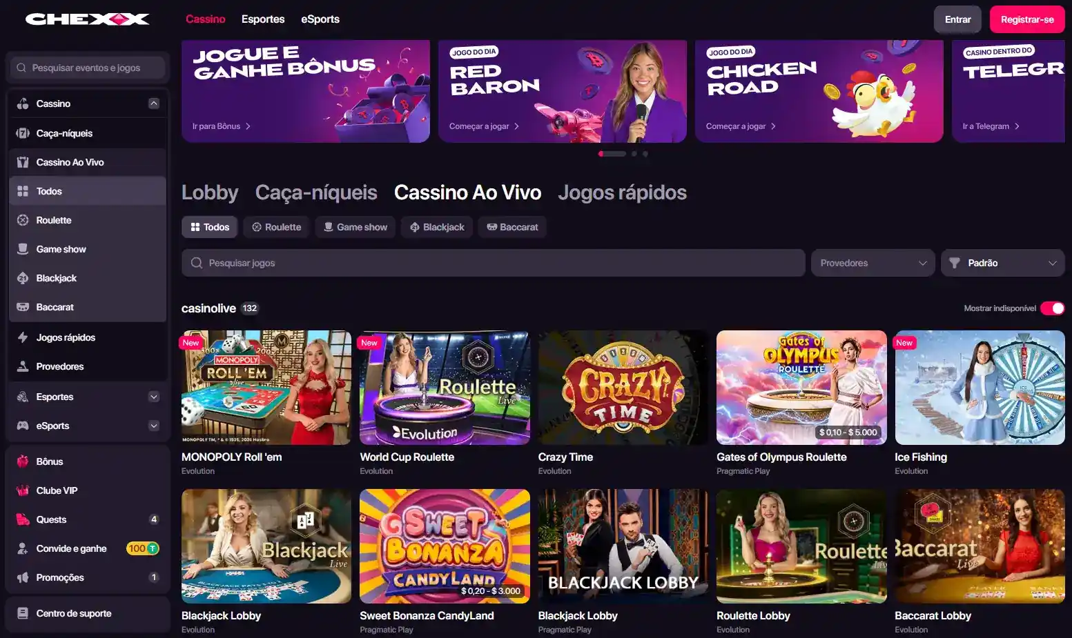 Área Live Casino da CHEXX com mesas e categorias visíveis