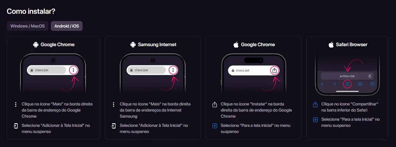 Guia oficial de instalação PWA da CHEXX mostrando opções para celular e desktop