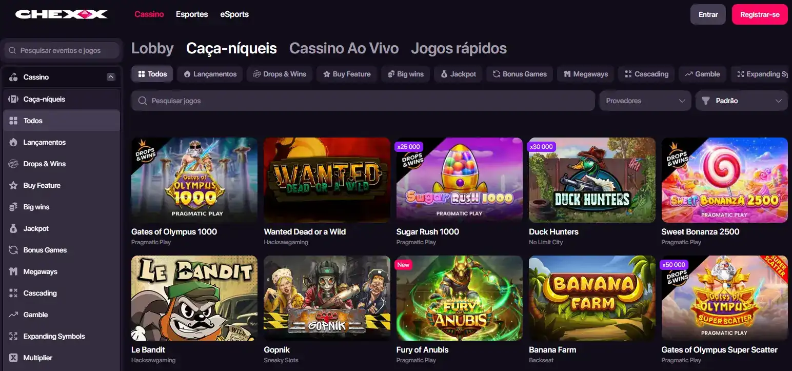 Grade oficial de slots CHEXX com filtros de categorias visíveis