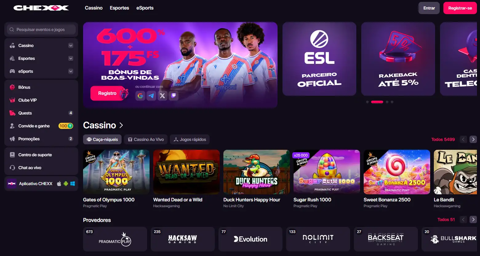Interface da CHEXX em português com navegação para cassino, esportes e esports