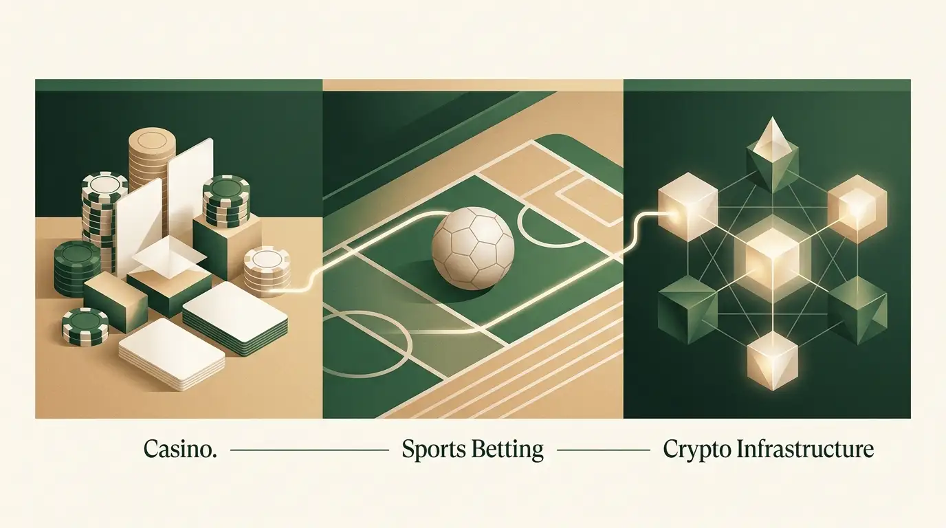 Ilustração conceitual dos três pilares da CHEXX: cassino, apostas esportivas e pagamentos em cripto